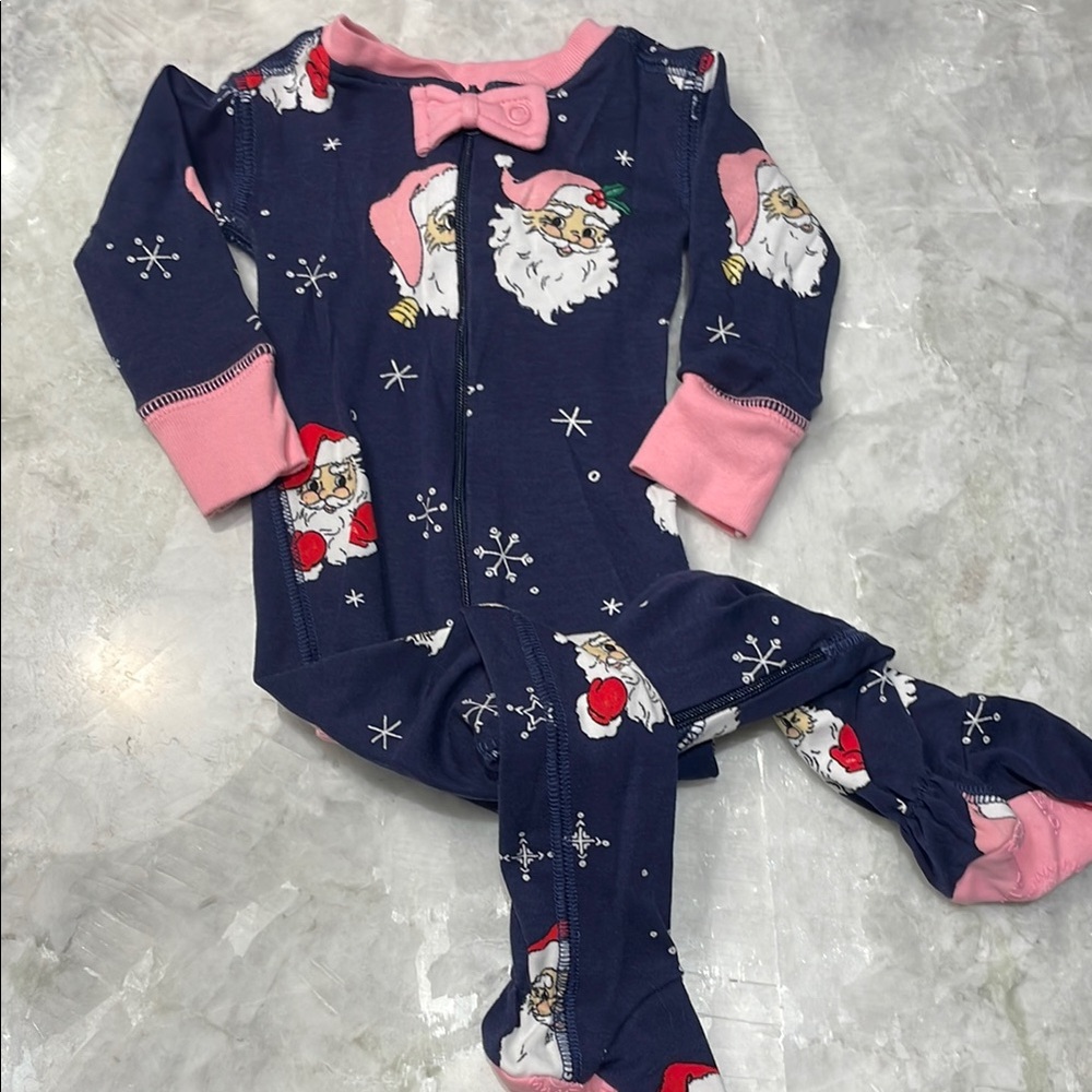 Santa Print Baby Onesie - Navy and Pink